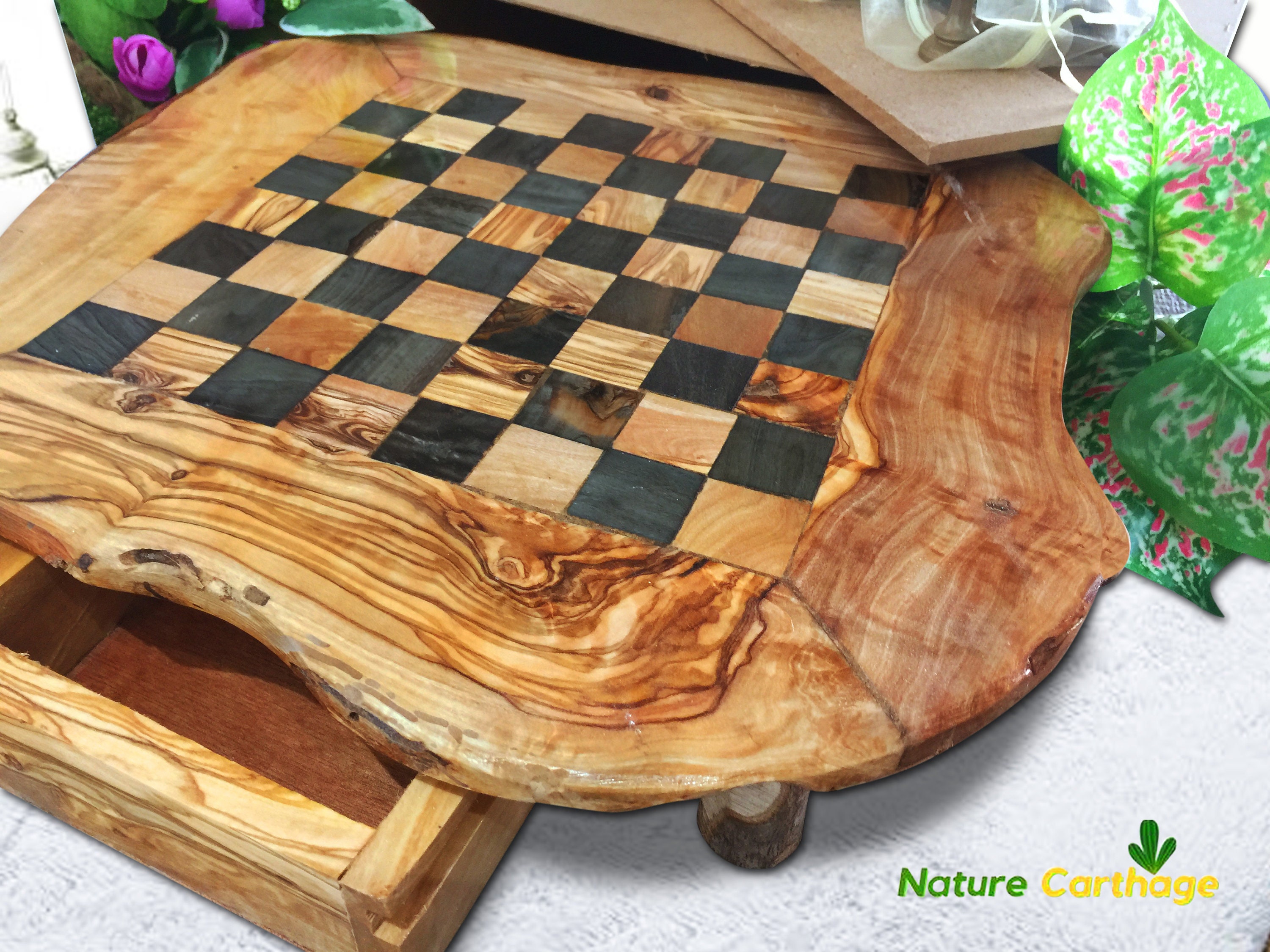 Olive Wood Rustic Chess Board Set with Resin Finish - Qartaj