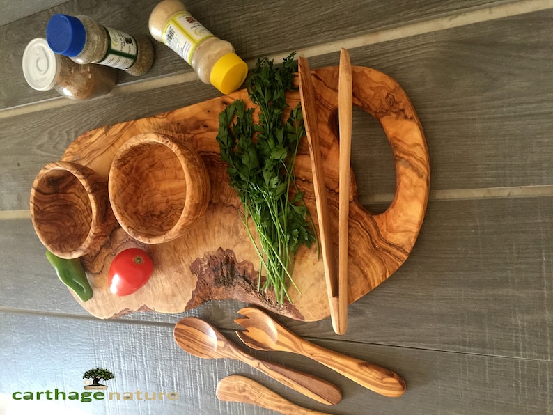 kitchenware Olive Wood board Original Christmas gift Tongs center table tableware 3 Utensils 2 Rond bowls mom present
