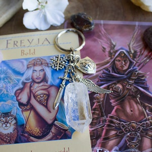 Freya Freyja Norse Goddess Raw Quartz Crystal Key Chain - Valkyrie, Warrior, Earth, Fertility, Beauty