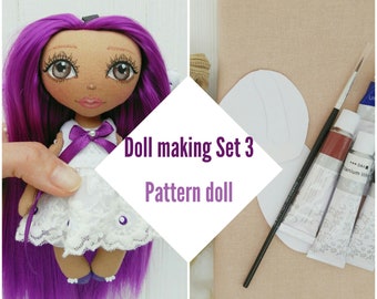 DIY doll kit - Set #3 rag doll 5.5 inches Paper pattern Fabric cotton doll body Paints pencils making face