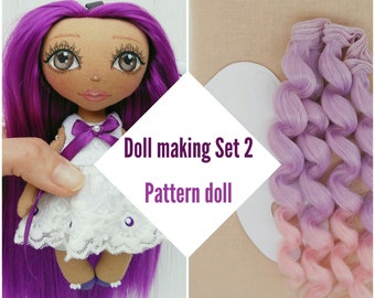 DIY rag doll Paper pattern, Fabric cotton doll body, Artificial Hair - Set #2 for making dolls 5.5 inches