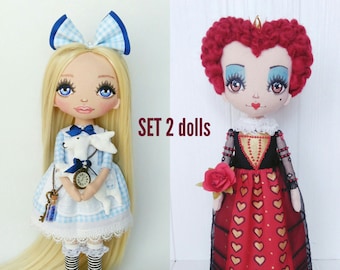 SET 2 rag dolls Queen of hearts Alice in wonderland cloth art doll handmade blue red