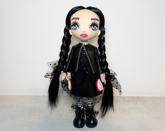 Goth Rag doll handmade Black fabric creepy doll