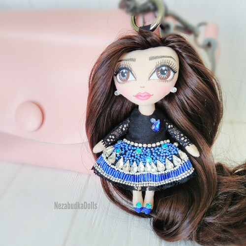 Rag doll handmade Custom Crystals bag charm doll Christmas gift for shops daughter Made in Ukraine