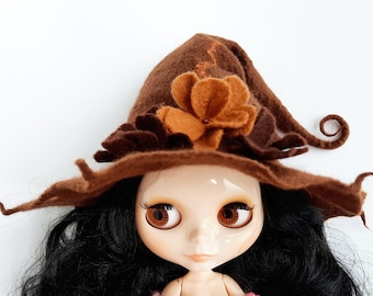 Witch blythe doll hat Felted dolls brown helmet Blythe doll accessory