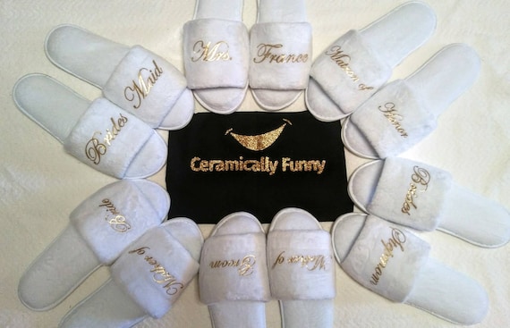 BRIDE BRIDESMAID WEDDING BRIDAL WHITE SPA SLIPPERS SCRIPT PRINT DANCING SHOES