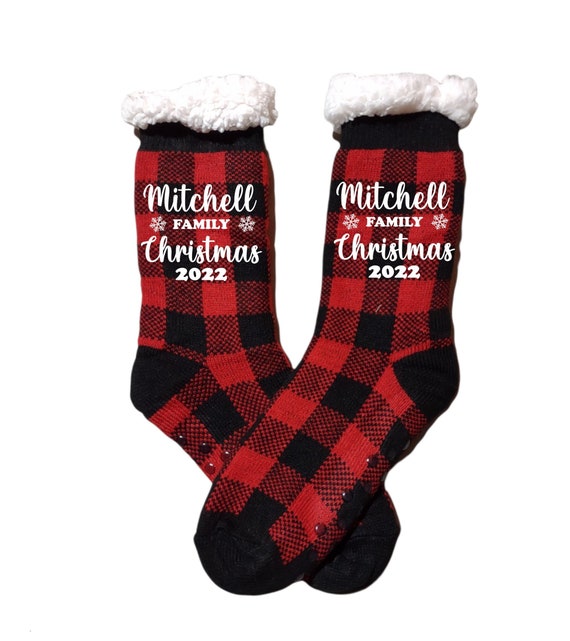 Family Christmas Socks - Custom socks - Sherpa Socks  - Buffalo Plaid - Holiday Socks - Christmas Socks - Wear with Christmas Pajamas