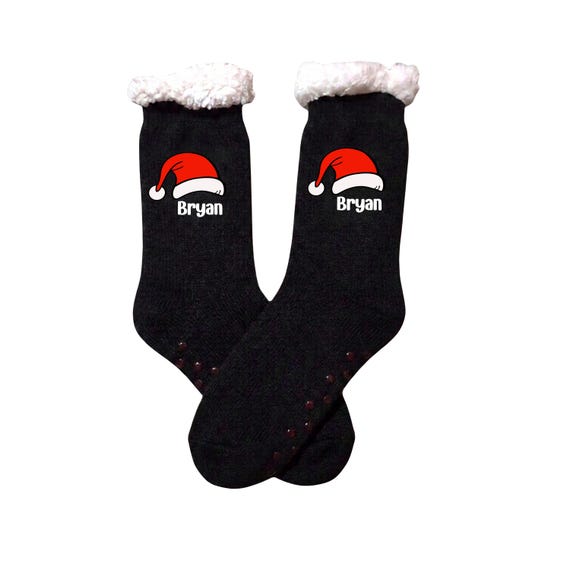Santa Hat Sherpa Personalized Socks as Employee Gifts, Corporate, Winter Socks, Stocking Stuffer, Buffalo Plaid or Black, PRE-ORDER