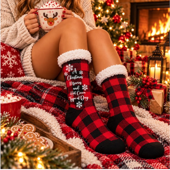 Christmas Movie Watching Socks, Buffalo Plaid Sherpa Slipper Socks