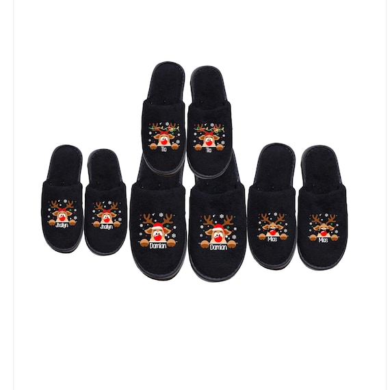 Reindeer Family Christmas Slippers: Coral Fleece Slippers featuring a Reindeer and a Name, Match your Christmas Pajamas Shirts