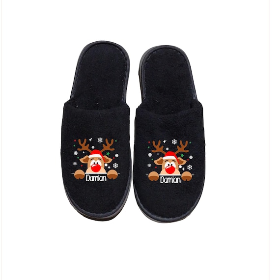 Personalized Christmas Slippers: Coral Fleece Slippers featuring a Reindeer and a Name, Match your Christmas Pajamas,