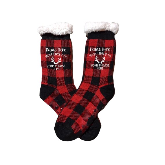 Most Likely to Christmas Sherpa Socks, Personalized Socks, Stocking Stuffer, Secret Santa Gift, Family Socks, Buffalo Plaid Socks
