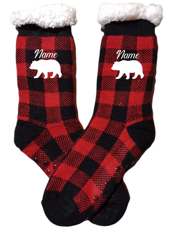 Personalized Socks - Sherpa Socks - Fleece Lined - Custom Socks - Buffalo Plaid - Fluffy - Anti- Slip Grips Underneath