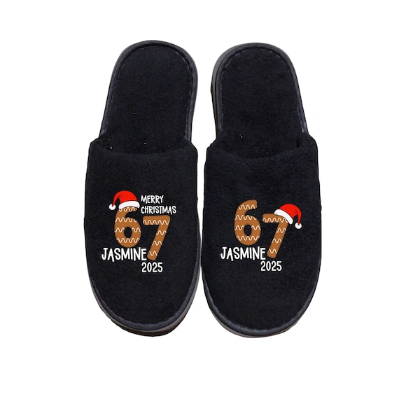 67 Christmas Slippers - Personalize with Names - Gingerbread theme - White or Black Slippers