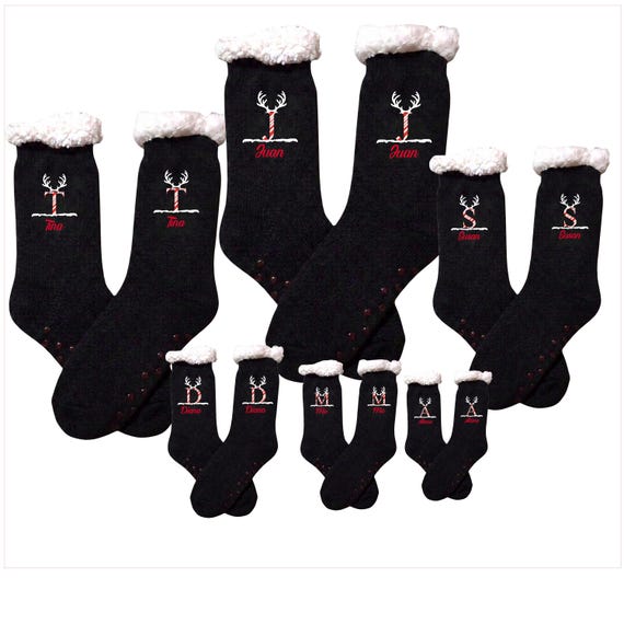 Candy Cane Family Sherpa Personalized Socks as Employee Gifts, Corporate, Winter Socks, Stocking Stuffer, Buffalo Plaid or Black, PRE-ORDER