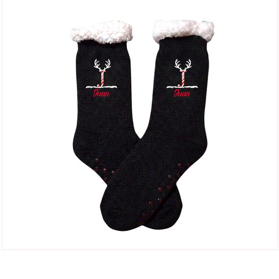 Candy Cane Family Sherpa Personalized Socks as Employee Gifts, Corporate, Winter Socks, Stocking Stuffer, Buffalo Plaid or Black, PRE-ORDER