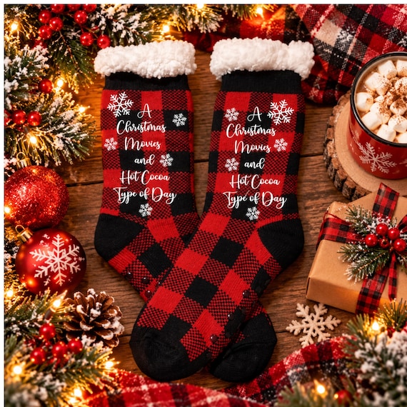 Christmas Slipper Socks for Women, Red Buffalo Plaid Cozy Fuzzy Socks, Holiday Gift