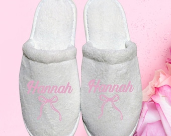 Personalized Slippers with Coquette Bows – Custom for Girls Trips, Bridesmaids, Bachelorette Parties, Cruises