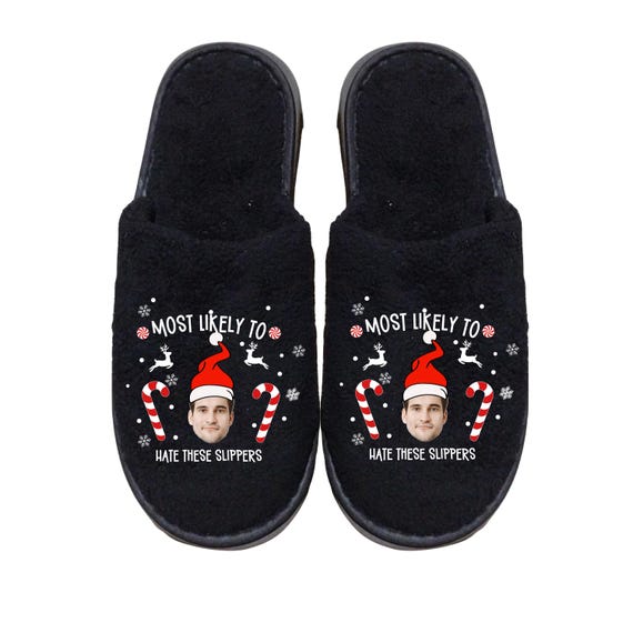 Most Likely To Christmas Family Slippers - Winter Slippers - Personalize YOUR face -  Black Slippers