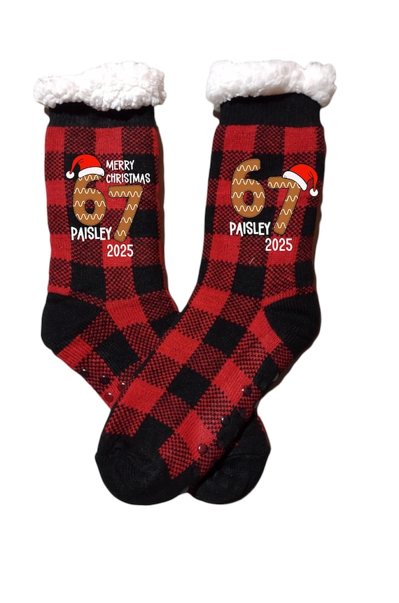 67 Christmas Socks, Sherpa Personalized Socks, Stocking Stuffer, Family Socks, Buffalo Plaid Socks, Fleece Lining Inside, Winter Socks
