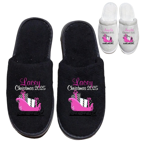 Personalized Pink Christmas Family Slippers: Sleigh Design with presents, Add a name, Match your Christmas pajamas, toddler to adult sizes