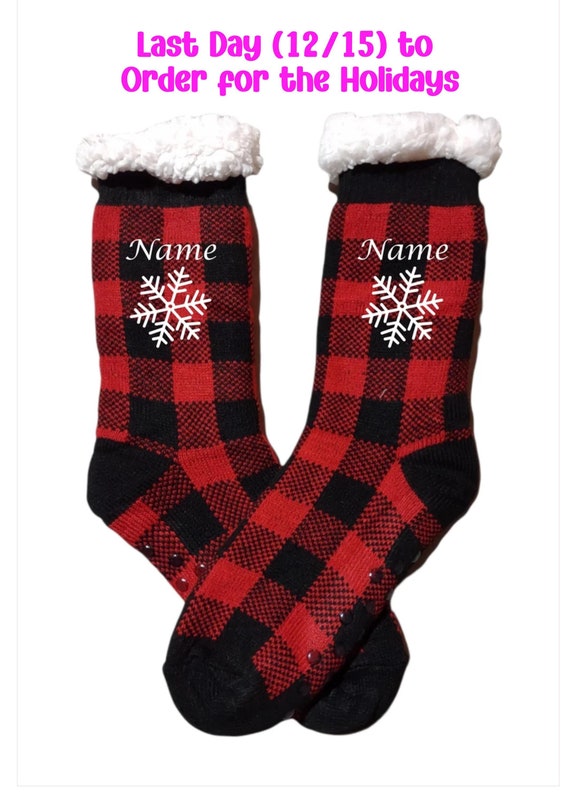 Christmas Socks, Sherpa Personalized Socks, Stocking Stuffer, Family Socks, Buffalo Plaid Socks, Fleece Lining Inside, Winter Socks