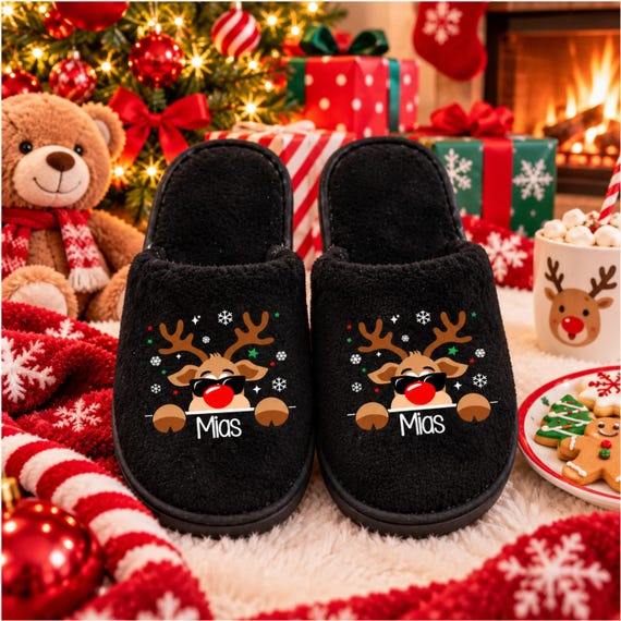 Personalized Christmas Slippers: Coral Fleece Slippers featuring a Reindeer and a Name, Match your Christmas Pajamas, Adult to toddler sizes