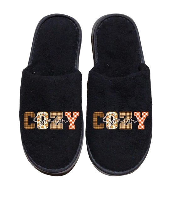 Cozy Season Slippers: Coral Fleece fall themed slippers for Book and coffee lovers! Fall themed lettering
