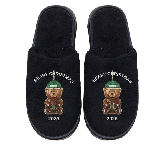 Family Christmas Slippers : Bear Coffee Cup with Your Name on the hat - Adult to toddler sizes available - Personalized