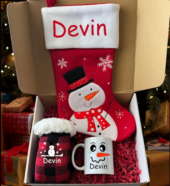 Christmas Gift Box Set:  Snowman themed for boy or girl -  Personalized Stocking, Socks, and 11oz Mug Included