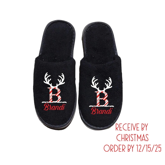 Family Christmas Candy Cane Monogrammed Slippers - Winter Slippers - Personalize with Names - White or Black Slippers