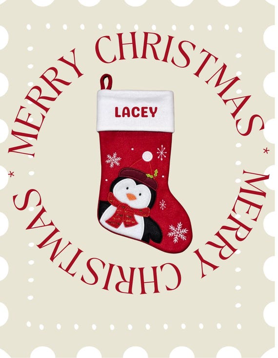 Stockings for Christmas featuring: Penguins, Reindeer, Fox, and Santa in 3D. Personalized Christmas/Holiday gifts