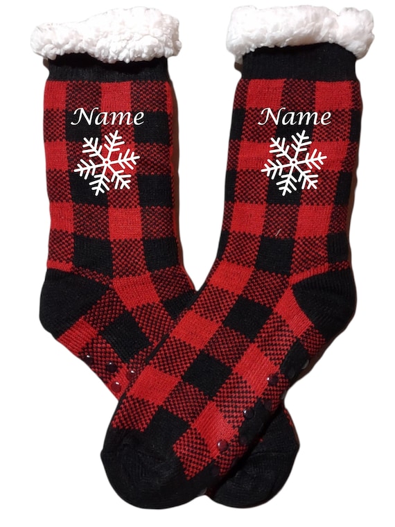 Christmas Socks, Sherpa Personalized Socks, Stocking Stuffer, Family Socks, Buffalo Plaid Socks, Fleece Lining Inside, Winter Socks