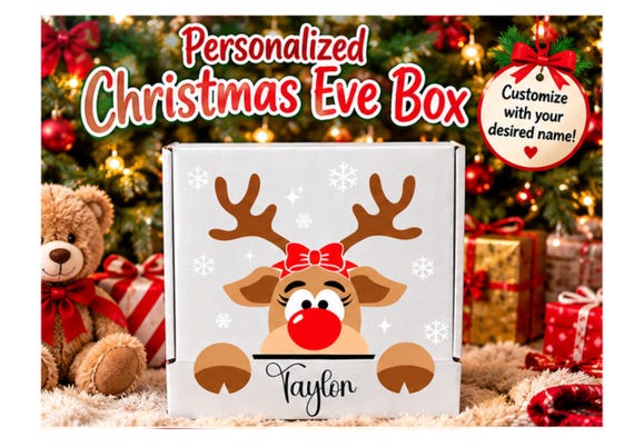 Personalized Christmas Eve Box for Kids, Custom Name Holiday Gift Box, Reindeer Christmas Box, Kids Christmas Eve Tradition