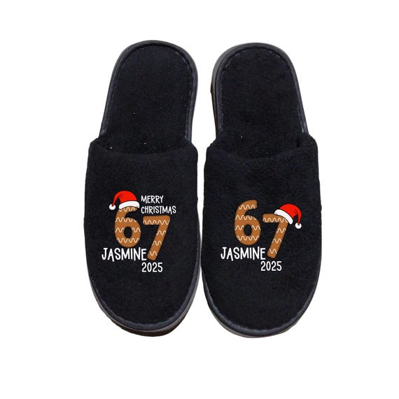 67 Christmas Slippers - Personalize with Names - Gingerbread theme - White or Black Slippers