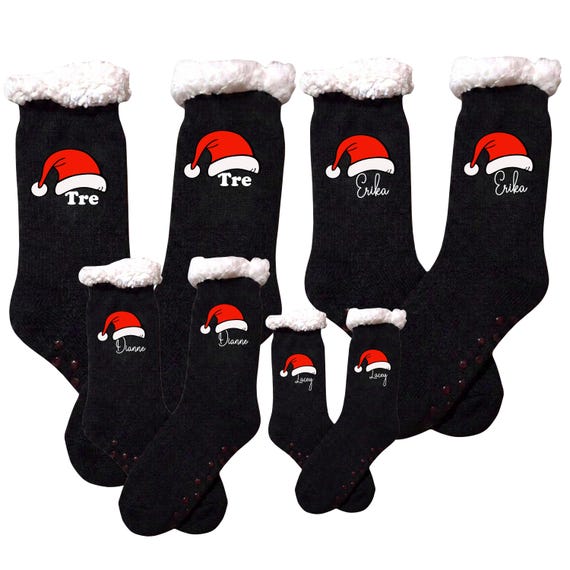 Santa Hat Sherpa Personalized Socks as Employee Gifts, Corporate, Winter Socks, Stocking Stuffer, Buffalo Plaid or Black, PRE-ORDER