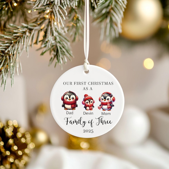 Family of Three Christmas Ornament, Family of 3 Gift, Baby's First Ornament, Family Keepsake, Custom Names with Penguins - Personalized