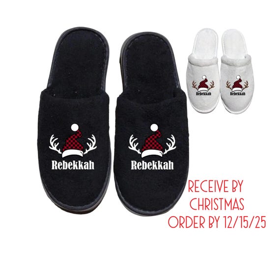 Personalized Christmas Family Slippers Reindeer Antler Design with initials, Add names, Match your Christmas pajamas, toddler to adult sizes