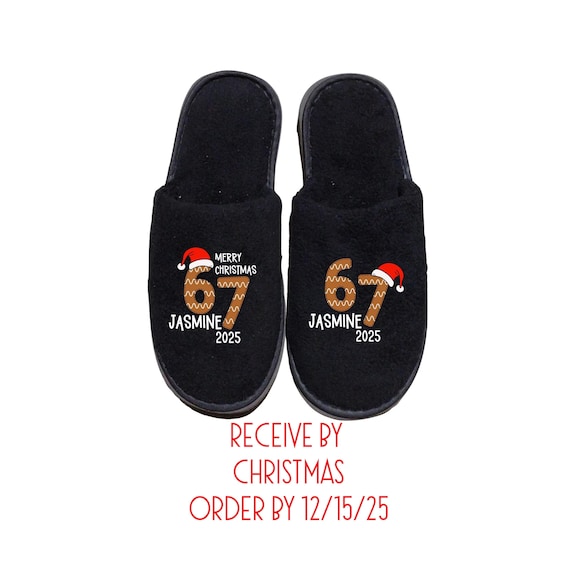 67 Christmas Slippers - Personalize with Names - Gingerbread theme - White or Black Slippers