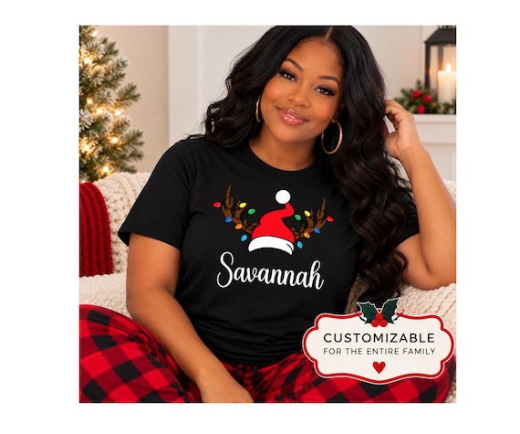Personalized Christmas Shirts, Matching Family or Pajamas Shirts 2026 with Deer horns and a Santa Hat
