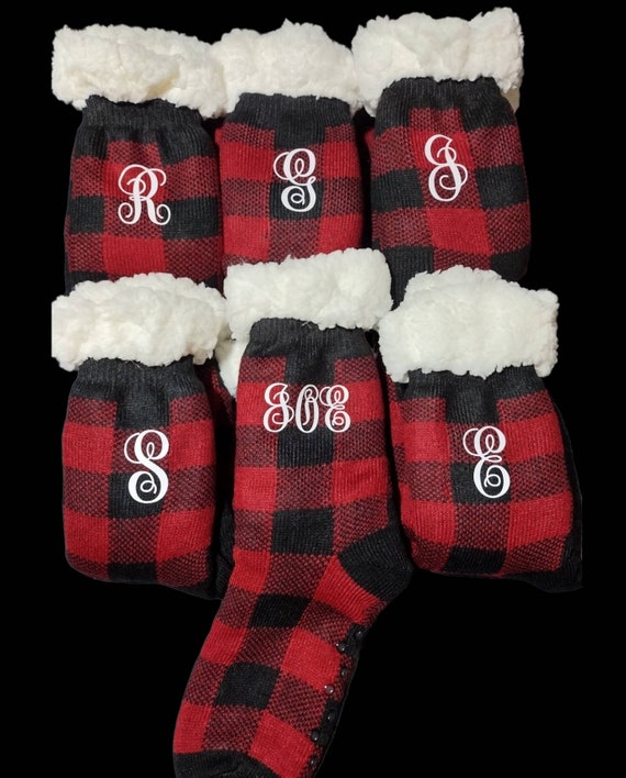 Monogrammed Sherpa Socks - Custom Initials - Buffalo Plaid - Lined Inside - Personalized Names Available