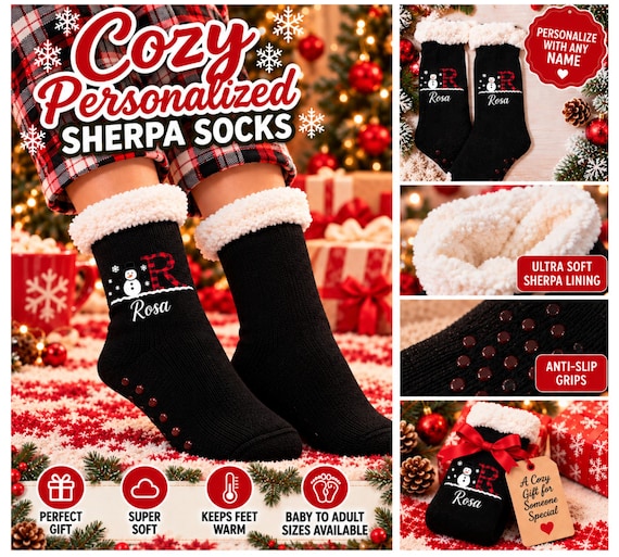 Personalized Christmas Sherpa Socks, Custom Name Cozy Socks, Snowman Christmas Gift, Black Fuzzy Socks, One Size Fits Most, Stocking Stuffer