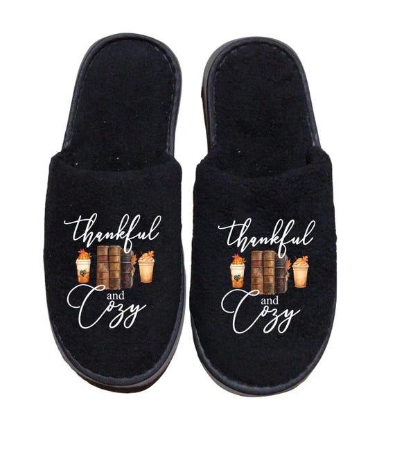 Fall Slippers: Featuring Books, Coffee and the cozy season theme; thankful slippers with fall graphics