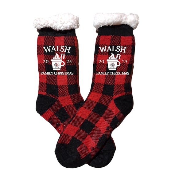 Christmas Socks, Sherpa Personalized Socks, Stocking Stuffer, Family Socks, Buffalo Plaid Socks, Fleece Lining Inside, Winter Socks
