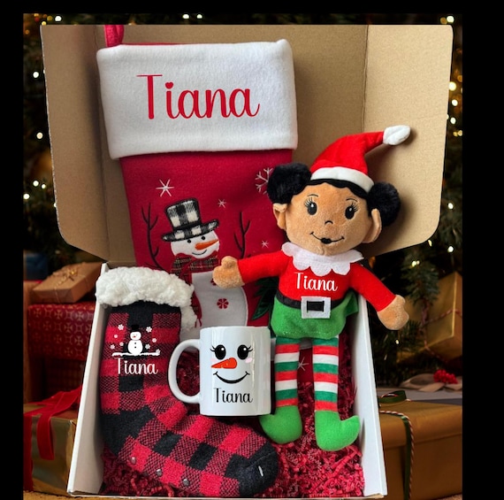 Christmas Gift Box Set:  Snowman themed for boy or girl -  Personalized Stocking, Elf, Socks, and 11oz Mug Included