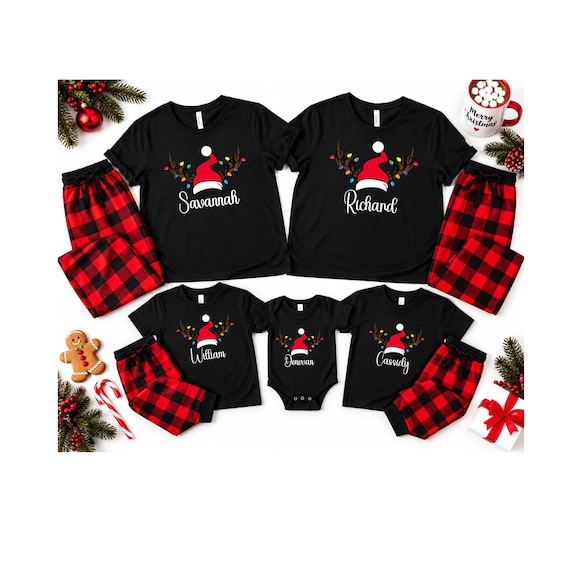 Personalized Christmas Shirts, Matching Family or Pajamas Shirts 2026 with Deer horns and a Santa Hat