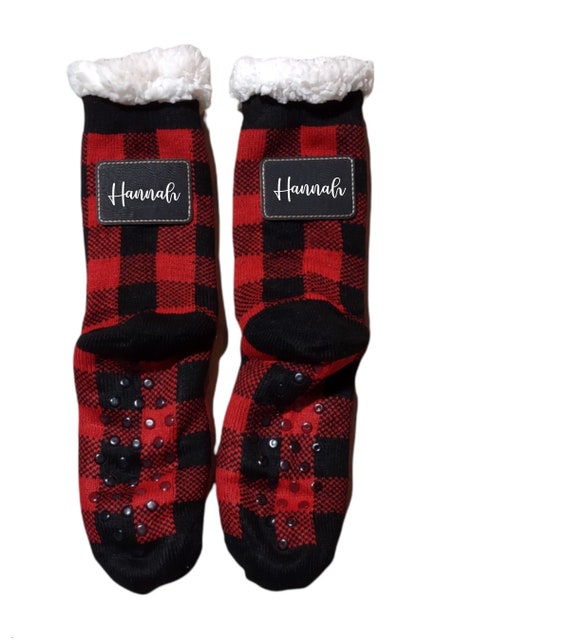 Personalized Sherpa Patch Socks - Custom Name  -Buffalo Plaid - Holiday Socks -Name on Leather Patch