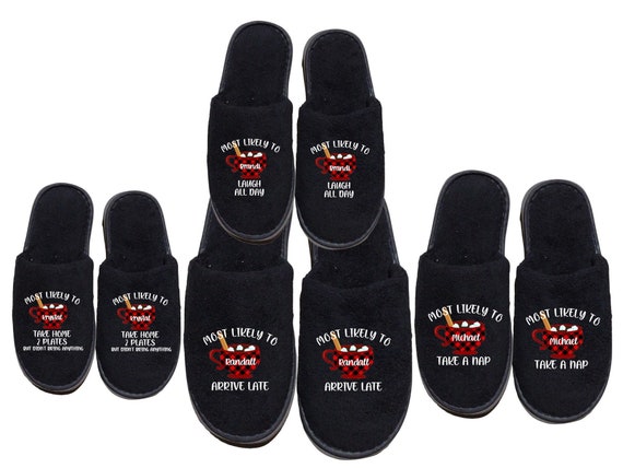 Most Likely To Fun Christmas Family Slippers - Winter Slippers - Personalize with Names - White or Black Slippers