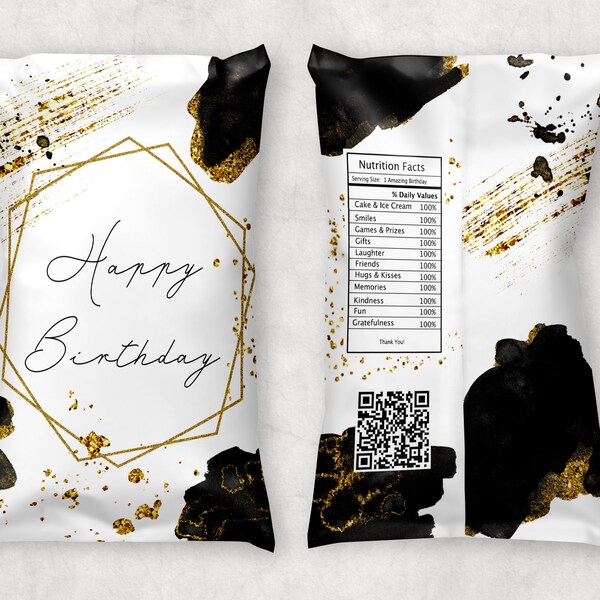 Black and Gold Happy Birthday Chip Bag // Instant Download // Chip Bag // Black Watercolor Chip Bag // Snack Bag