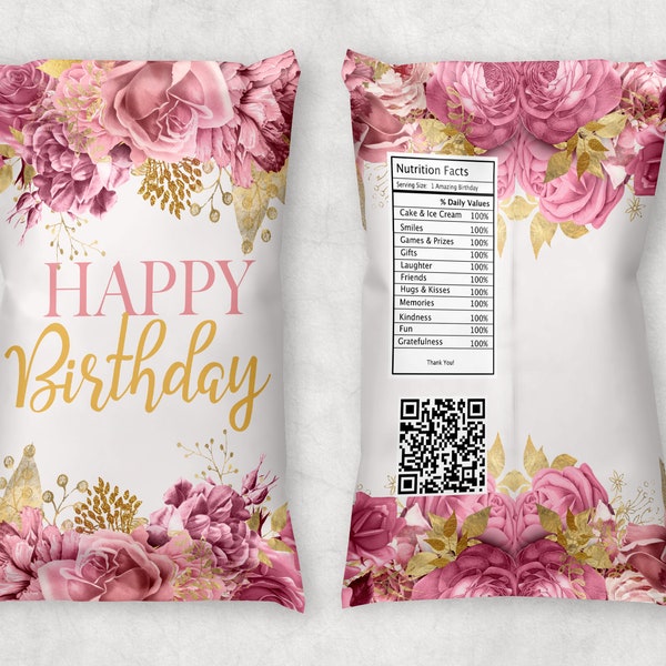 Happy Birthday Pink and Gold Floral  Chip Bag // Instant Download // Chip Bag // Floral Chip Bag // Pink and Gold Chip Bag